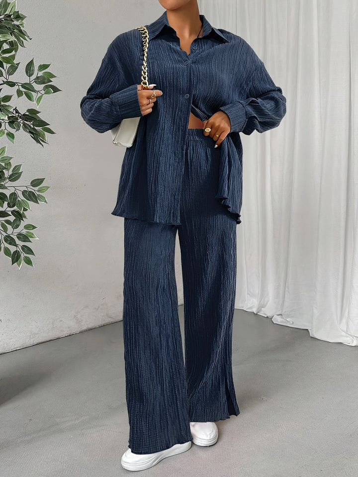 T-shirt à manches longues avec boutons & pantalons à taille élastique ensemble tenue pour femmes | Idéal pour automne/hiver