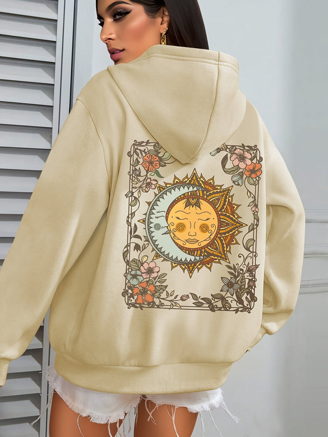 Damen Hoodie mit Sonne & Mond Print – Oversized Kapuzenpullover mit astrologischem Boho-Muster