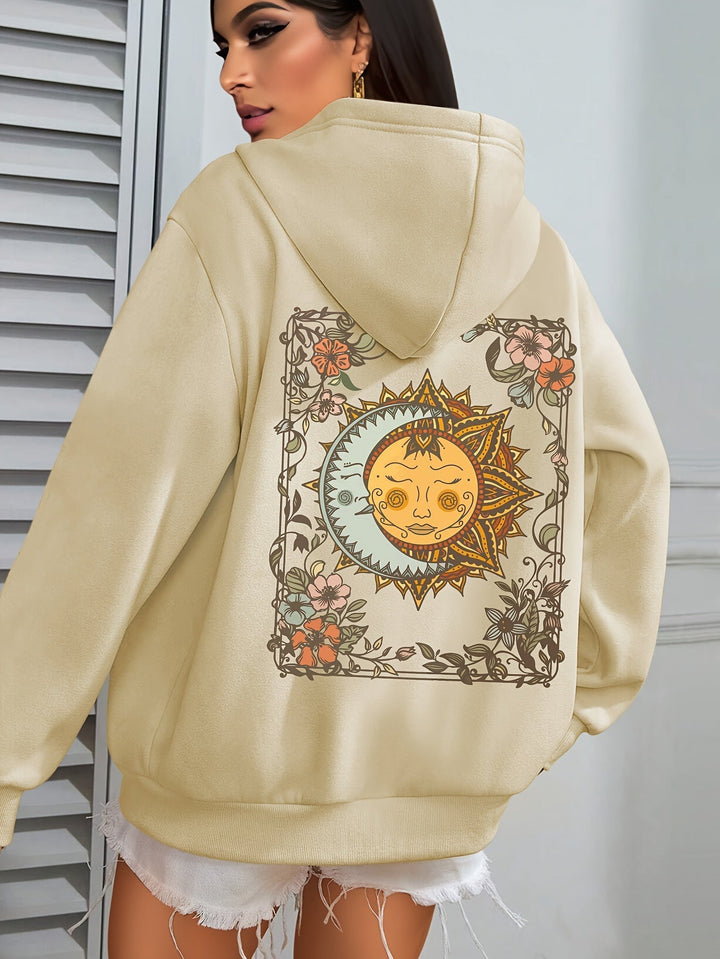 Damen Hoodie mit Sonne & Mond Print – Oversized Kapuzenpullover mit astrologischem Boho-Muster