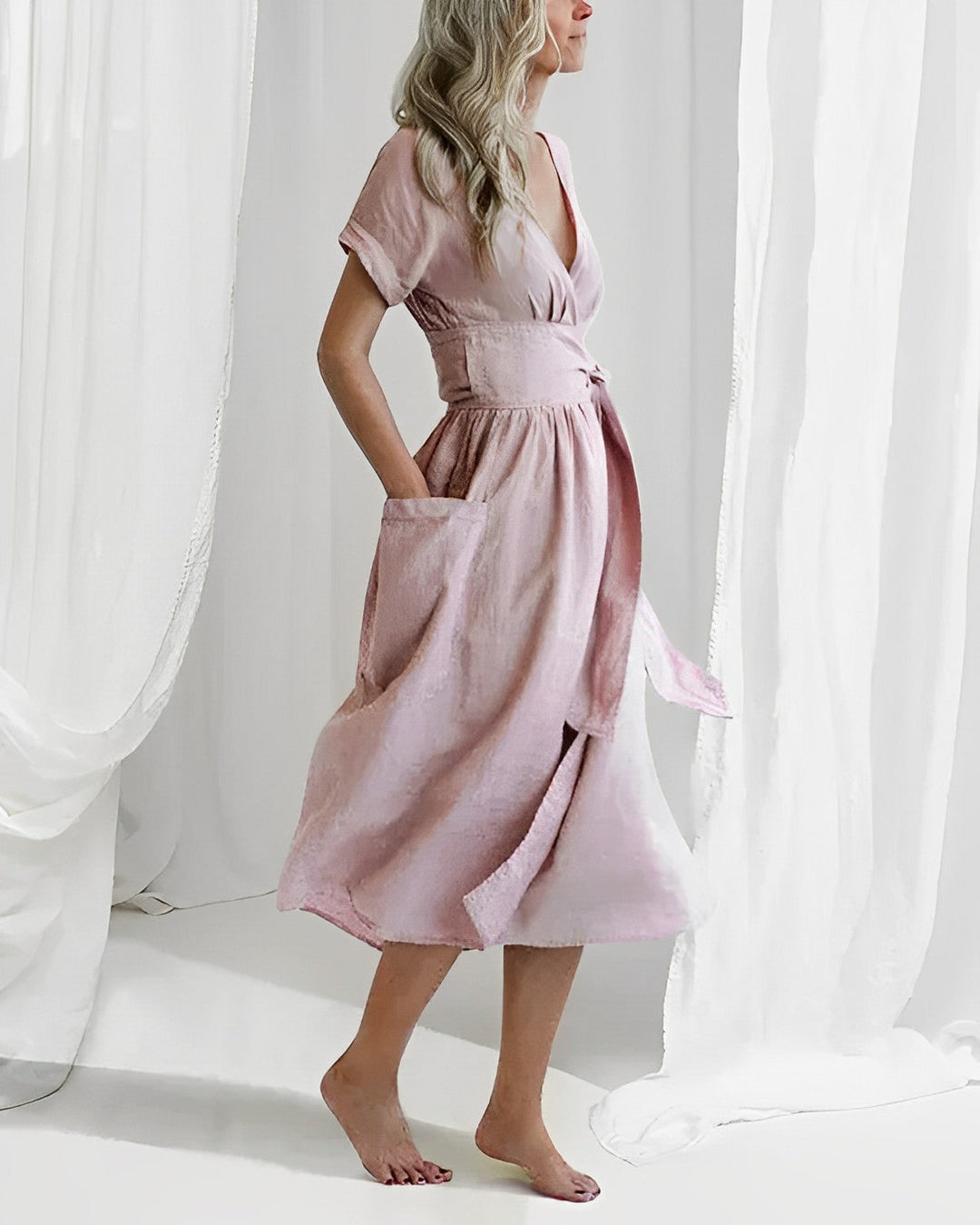Robe midi élégante ILSE avec ceinture et poches latérales