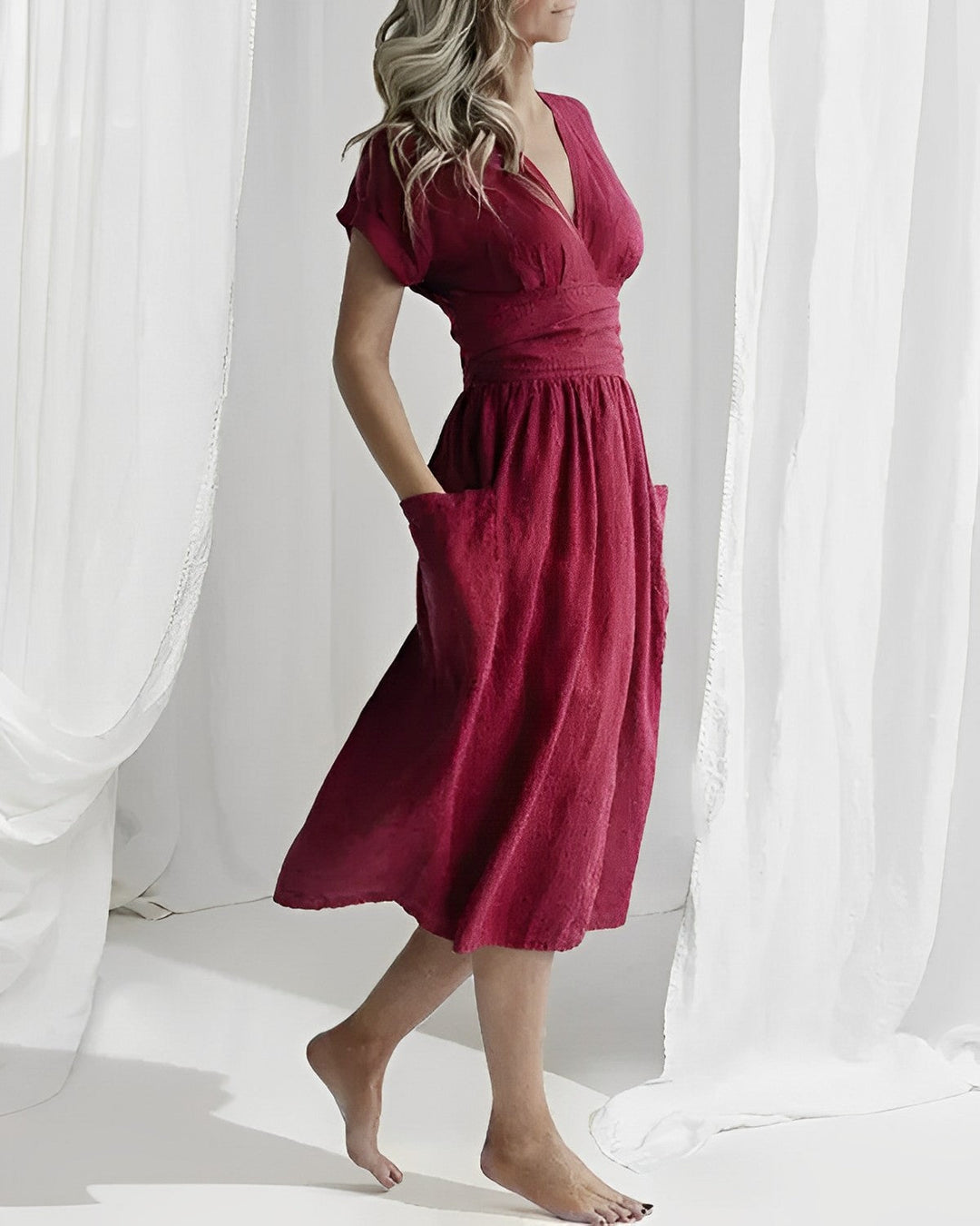 Robe midi élégante ILSE avec ceinture et poches latérales