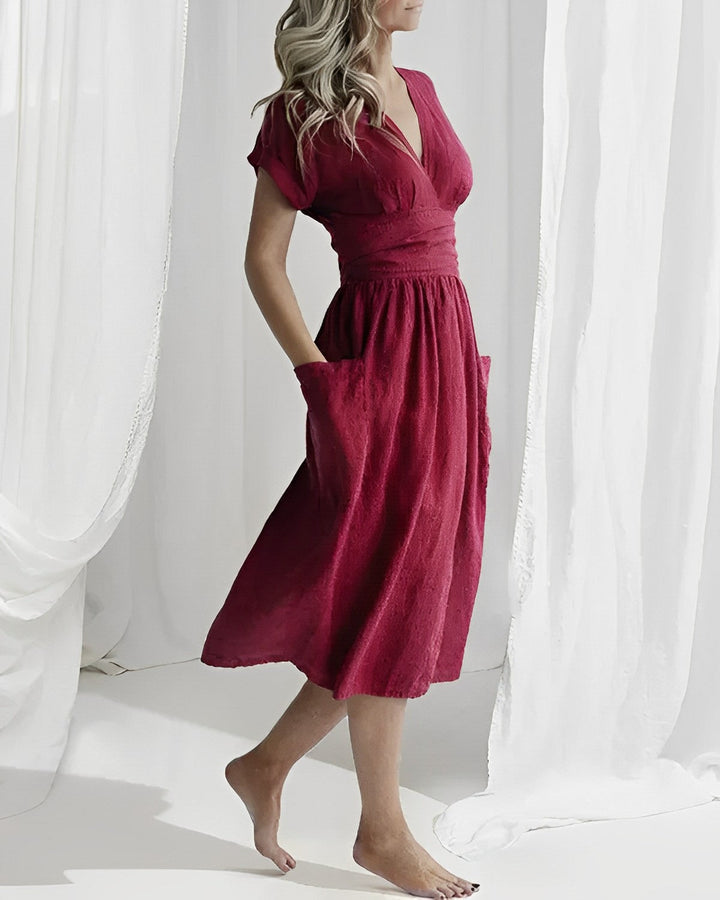 Robe midi élégante ILSE avec ceinture et poches latérales