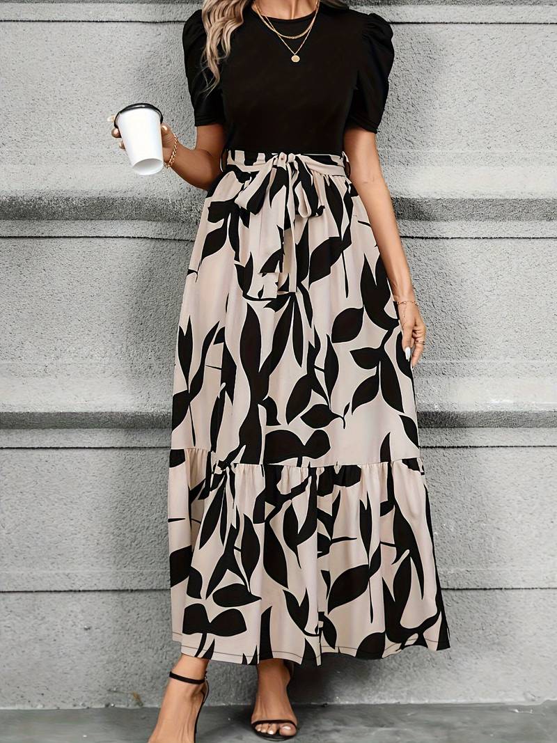 Abito lungo da donna con cintura in vita – Elegante abito casual con stampa foglie per tutti i giorni, ufficio e occasioni estive