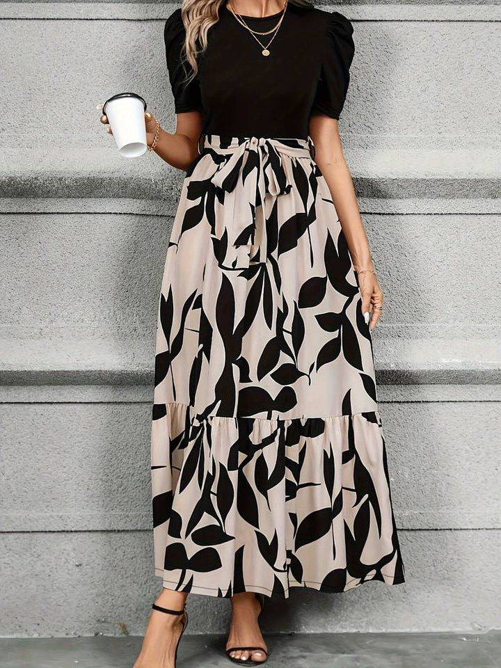 Abito lungo da donna con cintura in vita – Elegante abito casual con stampa foglie per tutti i giorni, ufficio e occasioni estive