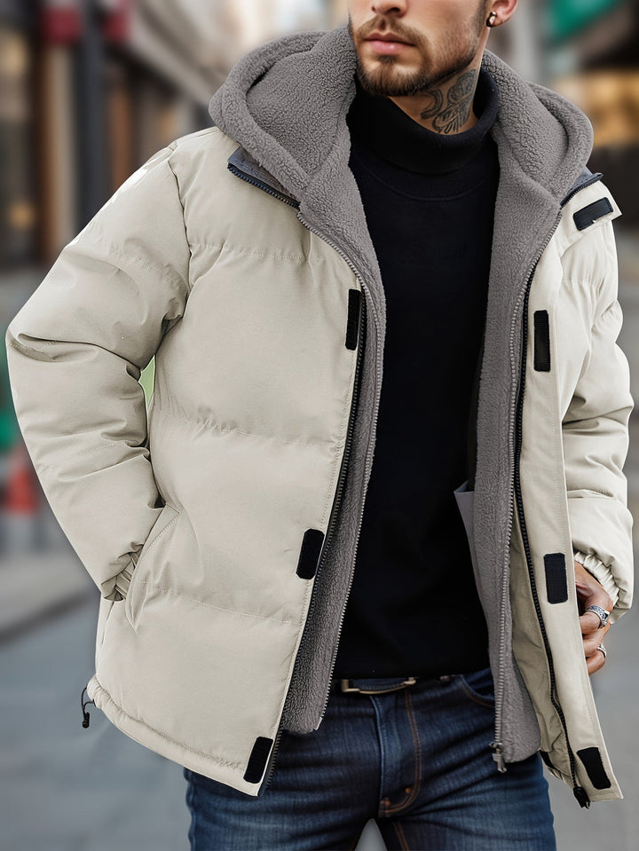 Giacca invernale da uomo con cappuccio spesso caldo, non elasticizzato, con cerniera e falso doppio strato | Perfetta per attività all'aperto