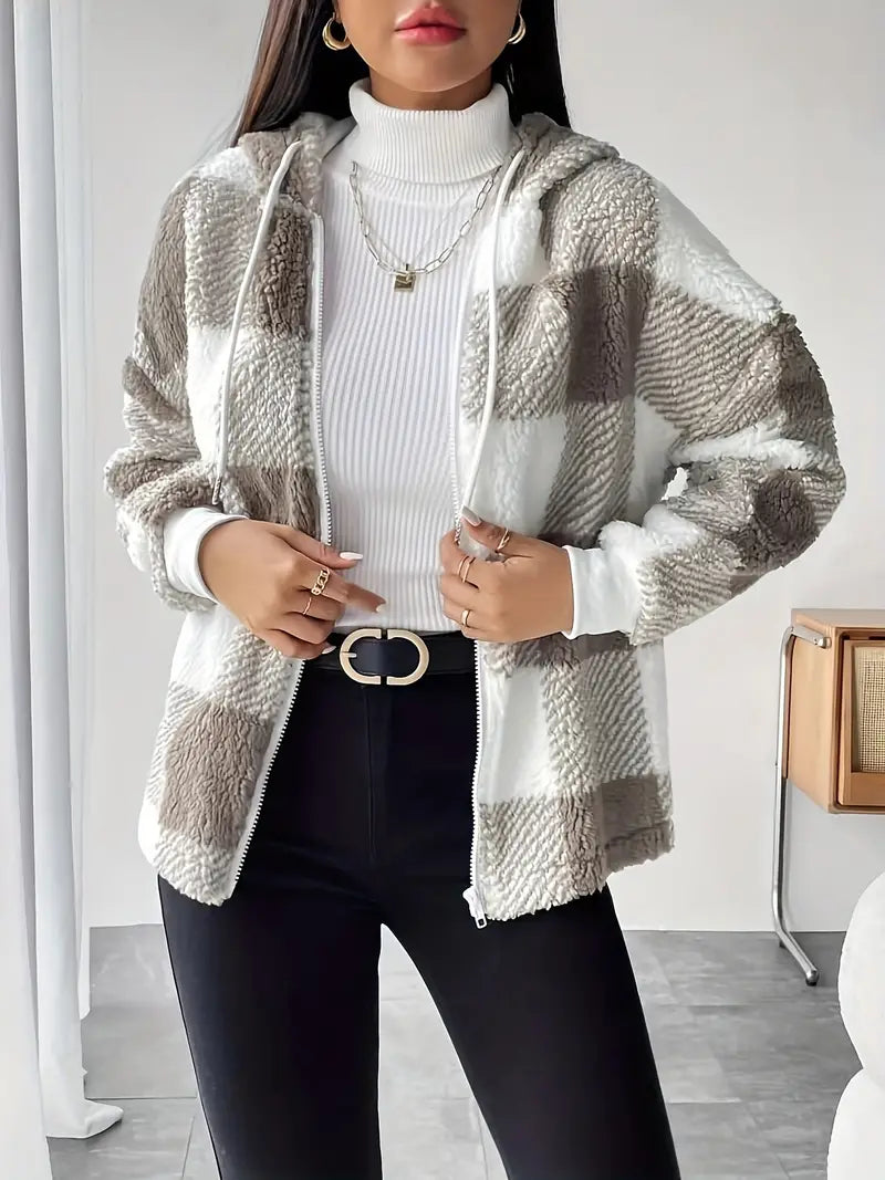 Veste douillette pour femmes avec capuche – à carreaux et duveteuse avec fermeture éclair