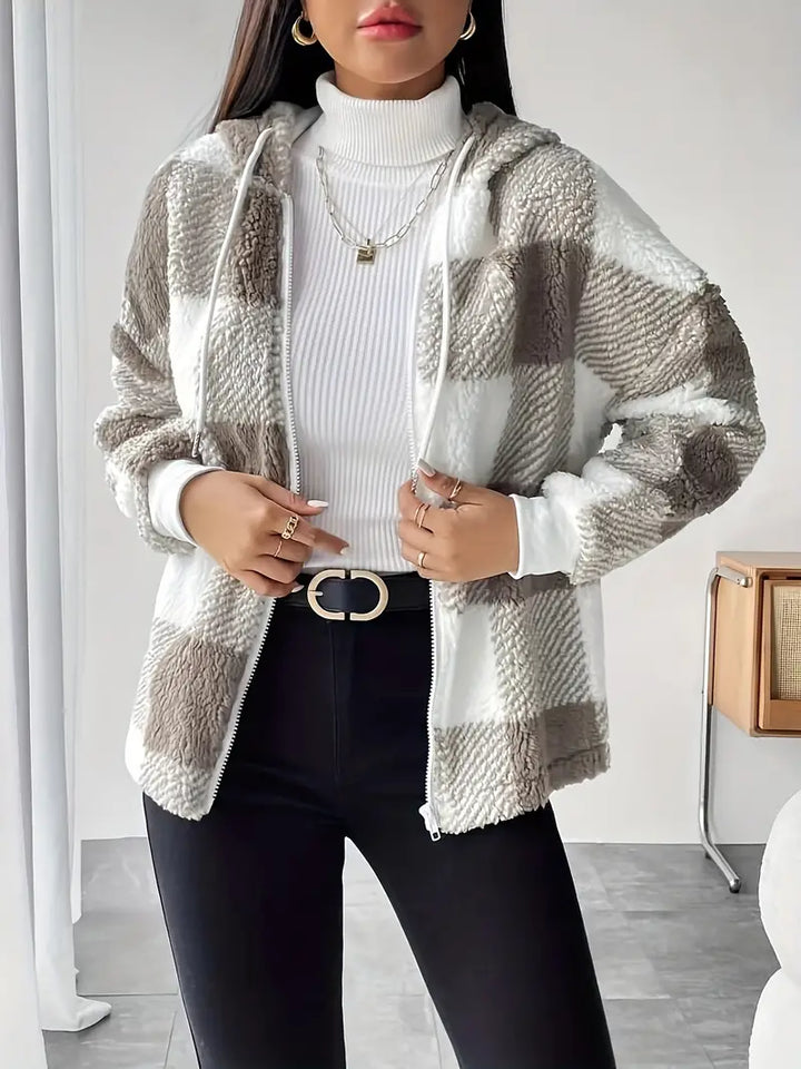 Veste douillette pour femmes avec capuche – à carreaux et duveteuse avec fermeture éclair