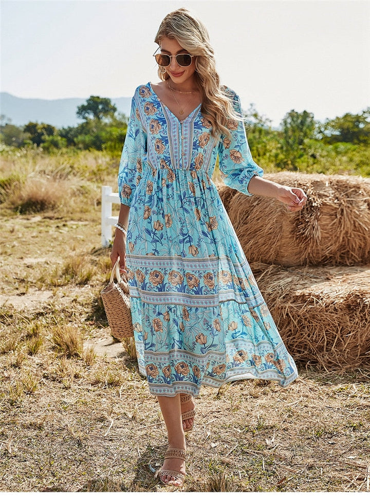 Abito lungo boho con motivo floreale – scollo a V e maniche 3/4 per donna
