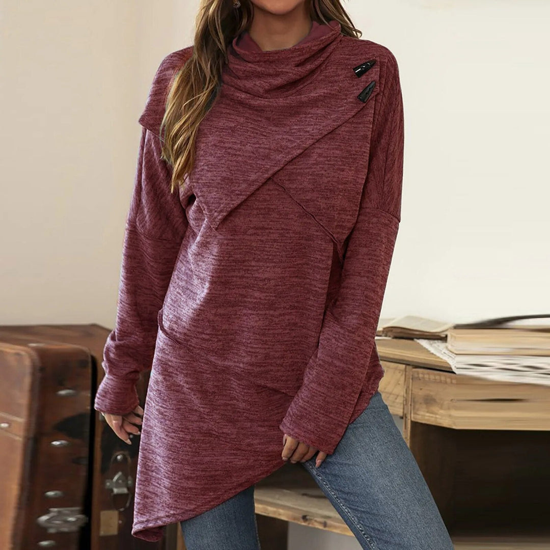 Sweat à capuche asymétrique pour femme – Pull long avec col châle croisé et détails à boutons