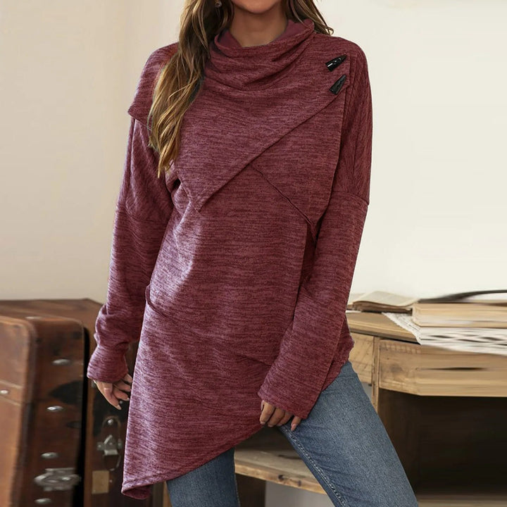 Sweat à capuche asymétrique pour femme – Pull long avec col châle croisé et détails à boutons