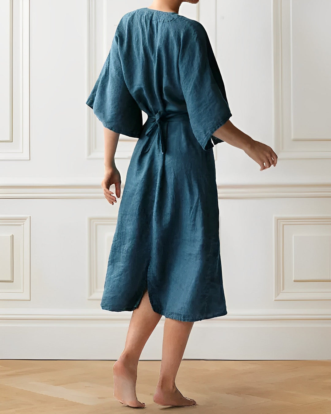 Vestito leggero da donna con scollo a V – Abito midi stile lino ampio con manica larga