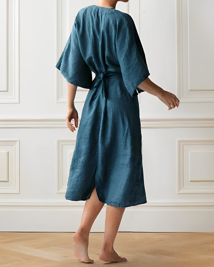Vestito leggero da donna con scollo a V – Abito midi stile lino ampio con manica larga