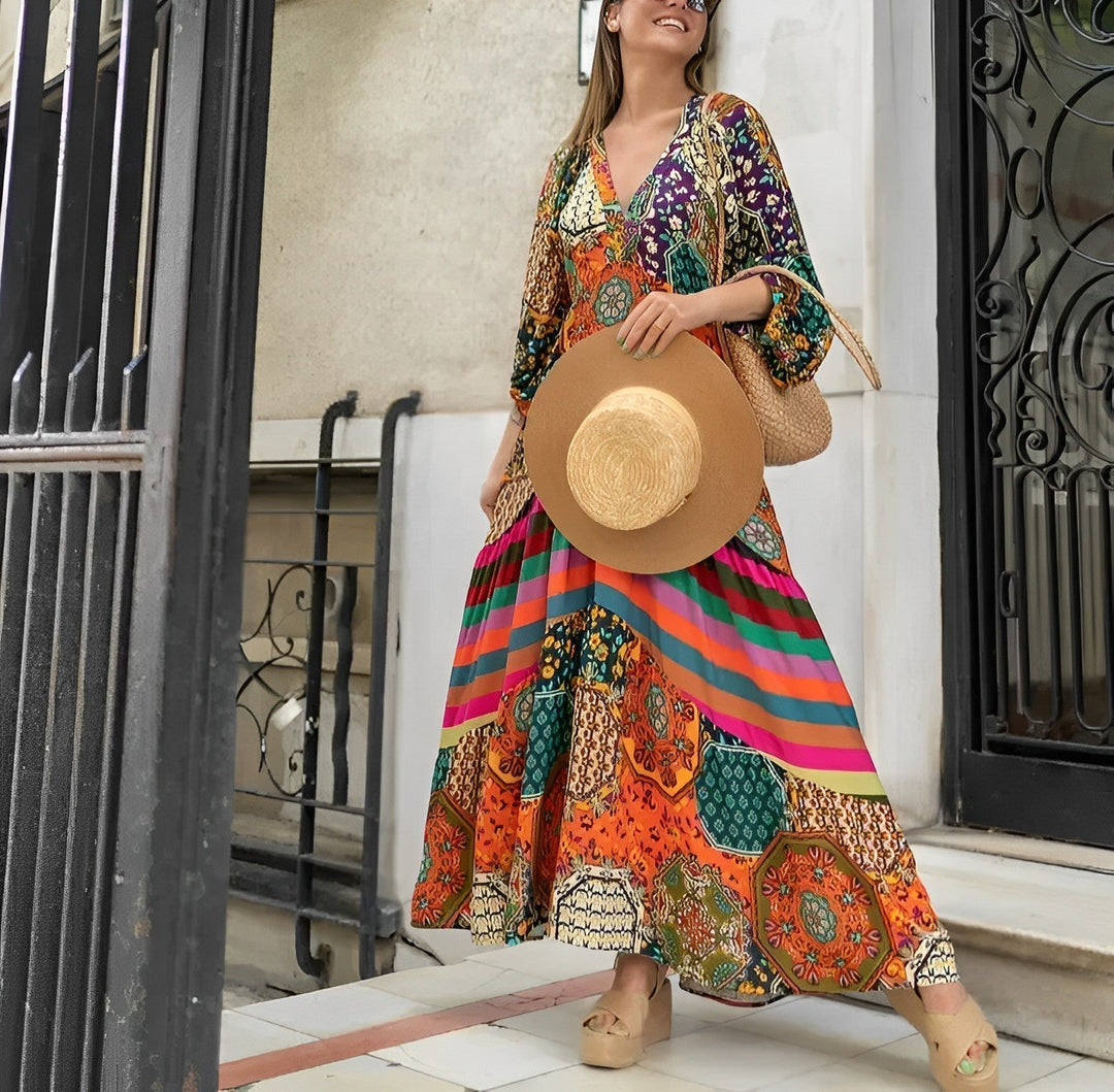 Robe longue style bohème avec décolleté en V et imprimé octogonal