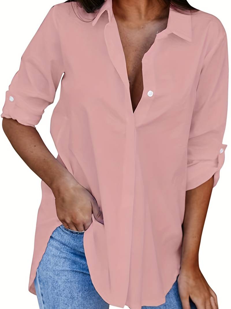 Camicetta da donna con colletto a risvolto – Camicia bianca classica con maniche 3/4 per business e casual