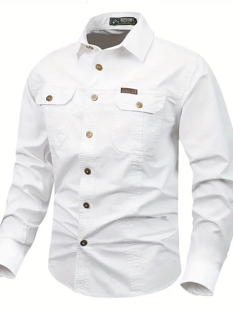 Chemise de plein air pour hommes – Chemise à manches longues robuste en coton avec poches poitrine et patte de boutonnage