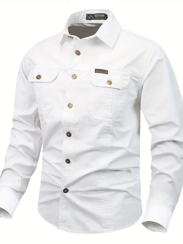 Chemise de plein air pour hommes – Chemise à manches longues robuste en coton avec poches poitrine et patte de boutonnage