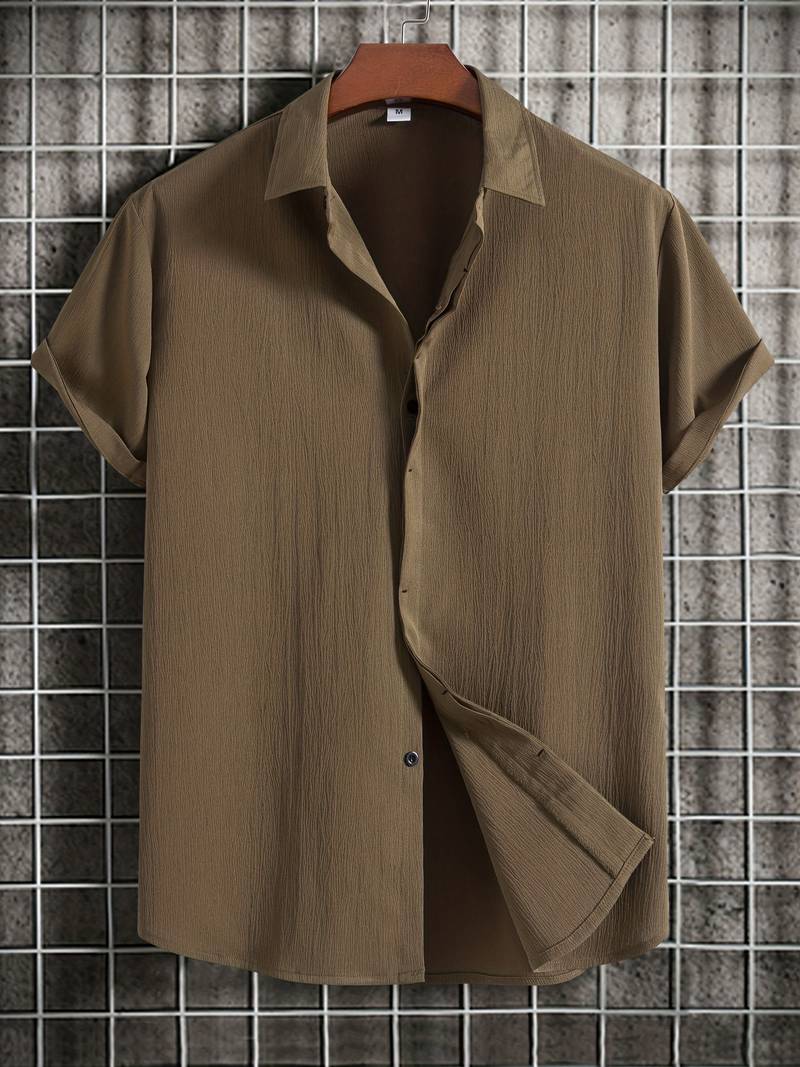 Chemise homme à manches courtes avec patte de boutonnage – Chemise d'été aérée en tissu structuré style décontracté