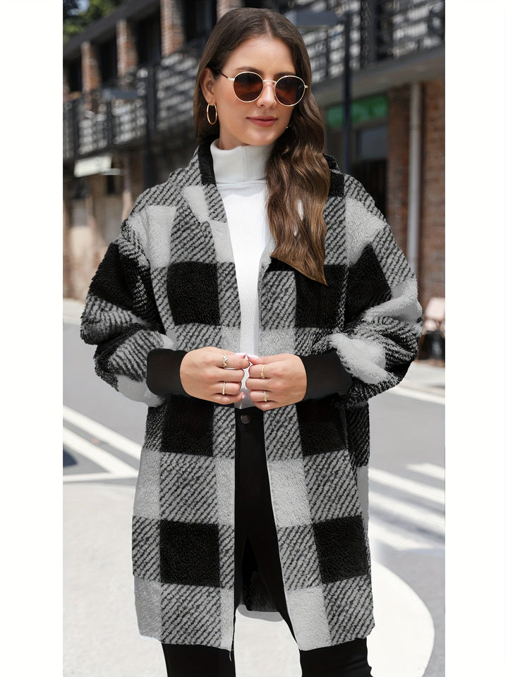 Lässiger hooded karierten Fleece-Strickwaren-Cardigan für Damen | Perfekt für den Alltag