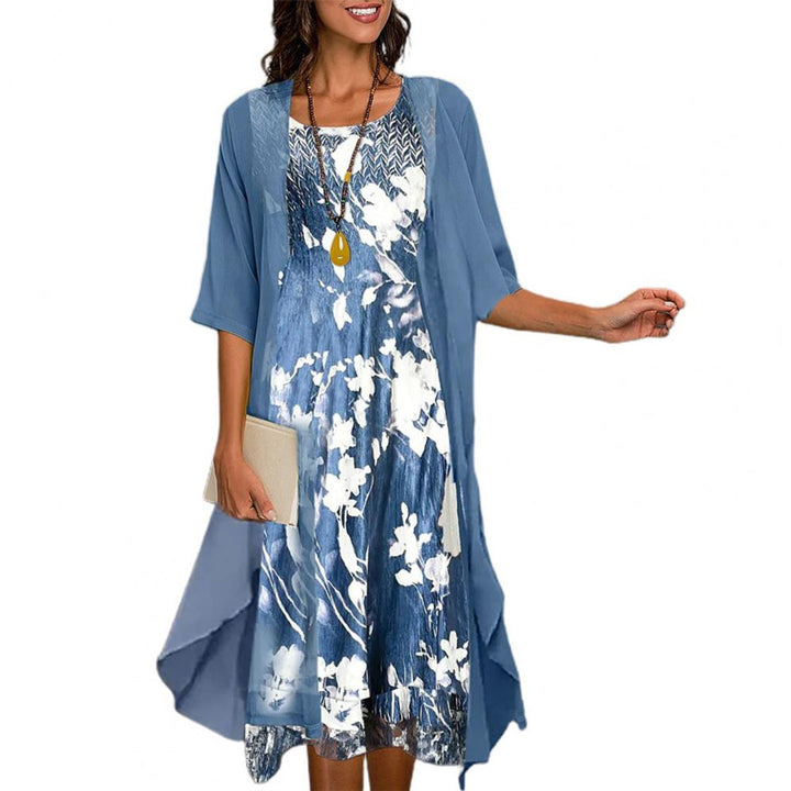 Elegante vestito da donna con cardigan trasparente – Completo midi due pezzi in stile floreale per primavera & estate