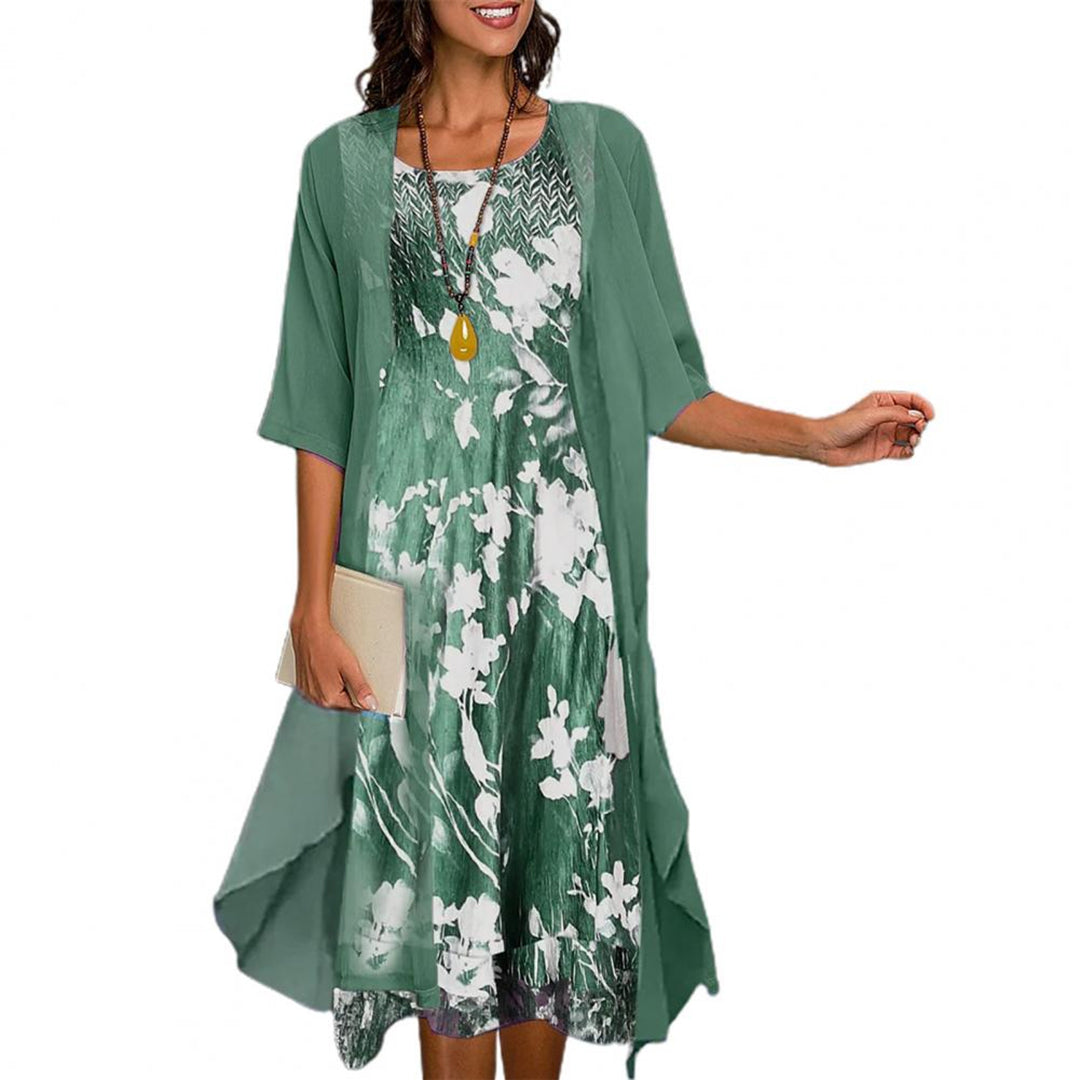 Elegante vestito da donna con cardigan trasparente – Completo midi due pezzi in stile floreale per primavera & estate