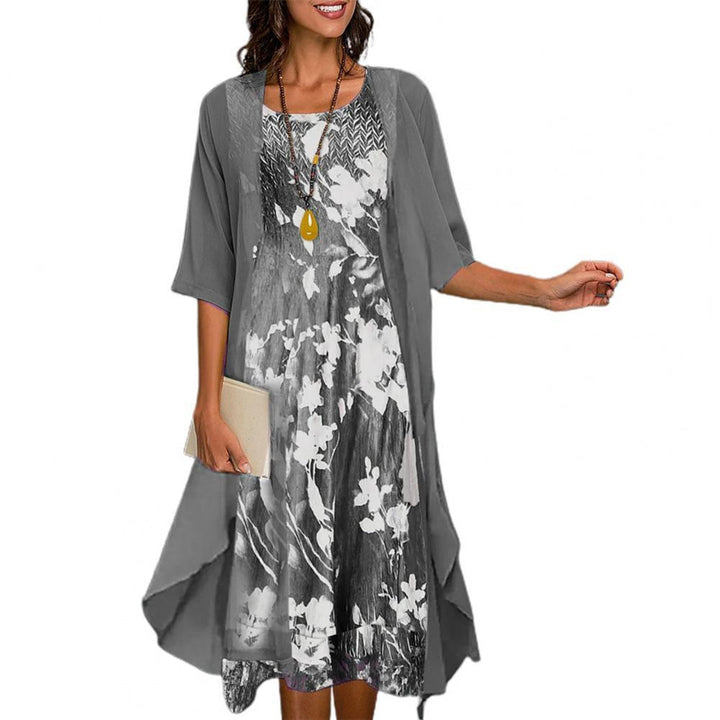 Elegante vestito da donna con cardigan trasparente – Completo midi due pezzi in stile floreale per primavera & estate