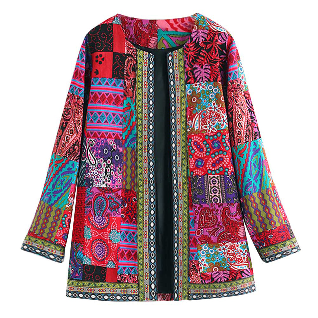 Veste femme bohème avec patchwork ethnique – Cardigan coloré à motifs style vintage