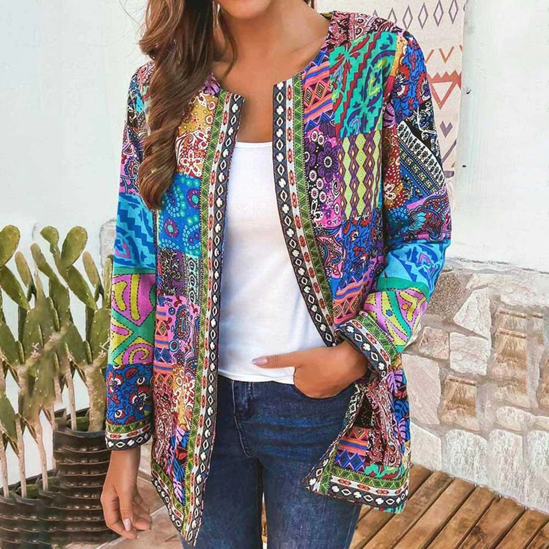 Veste femme bohème avec patchwork ethnique – Cardigan coloré à motifs style vintage