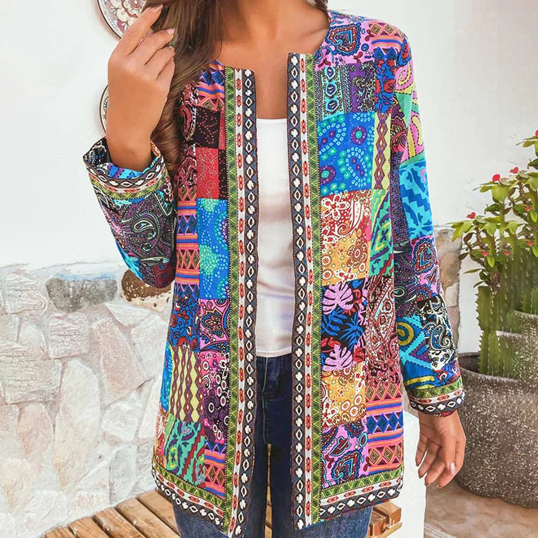 Veste femme bohème avec patchwork ethnique – Cardigan coloré à motifs style vintage