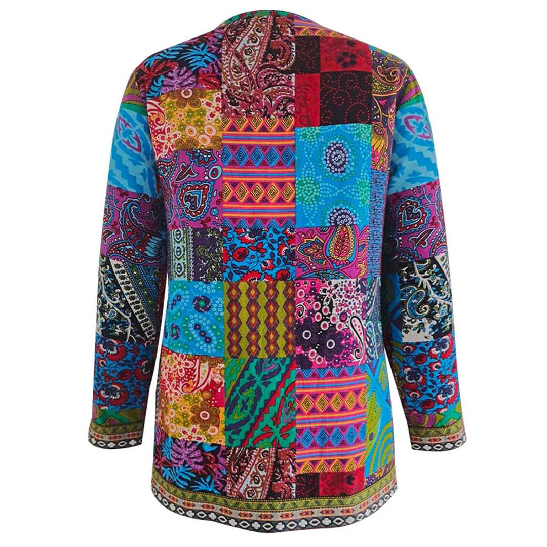 Veste femme bohème avec patchwork ethnique – Cardigan coloré à motifs style vintage