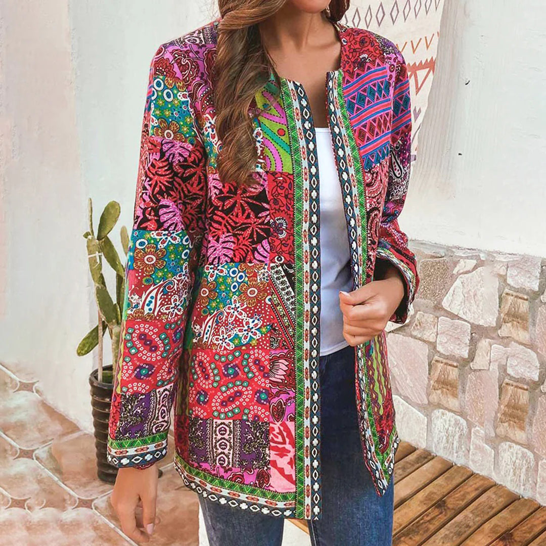 Veste femme bohème avec patchwork ethnique – Cardigan coloré à motifs style vintage