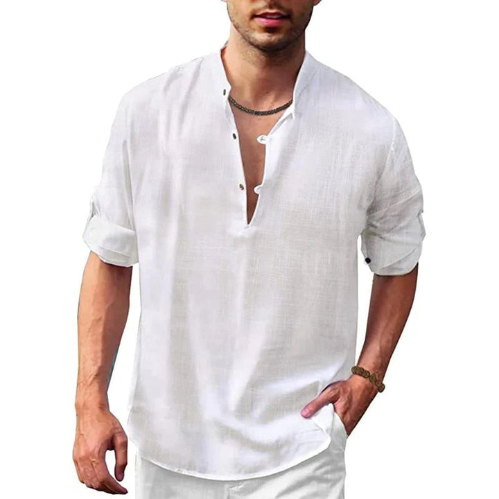 Chemise en lin pour homme avec col montant – Chemise d'été décontractée avec encolure en V et patte de boutonnage