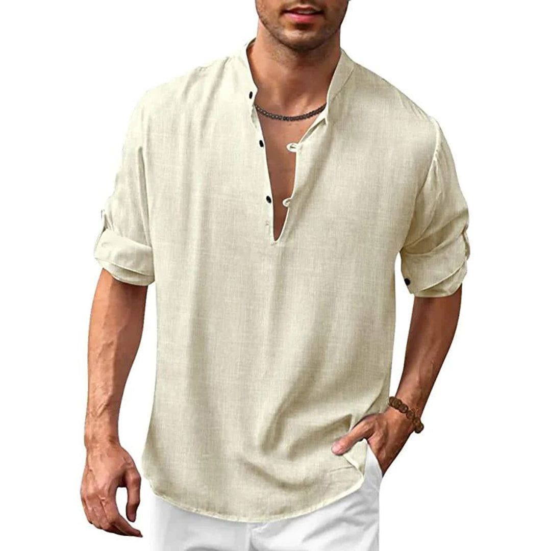 Chemise en lin pour homme avec col montant – Chemise d'été décontractée avec encolure en V et patte de boutonnage