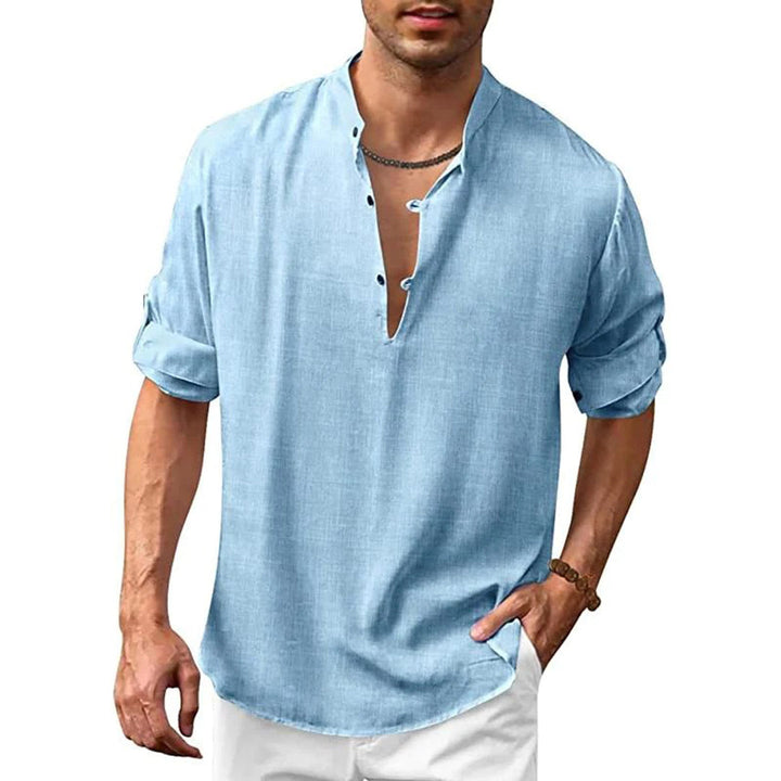 Chemise en lin pour homme avec col montant – Chemise d'été décontractée avec encolure en V et patte de boutonnage