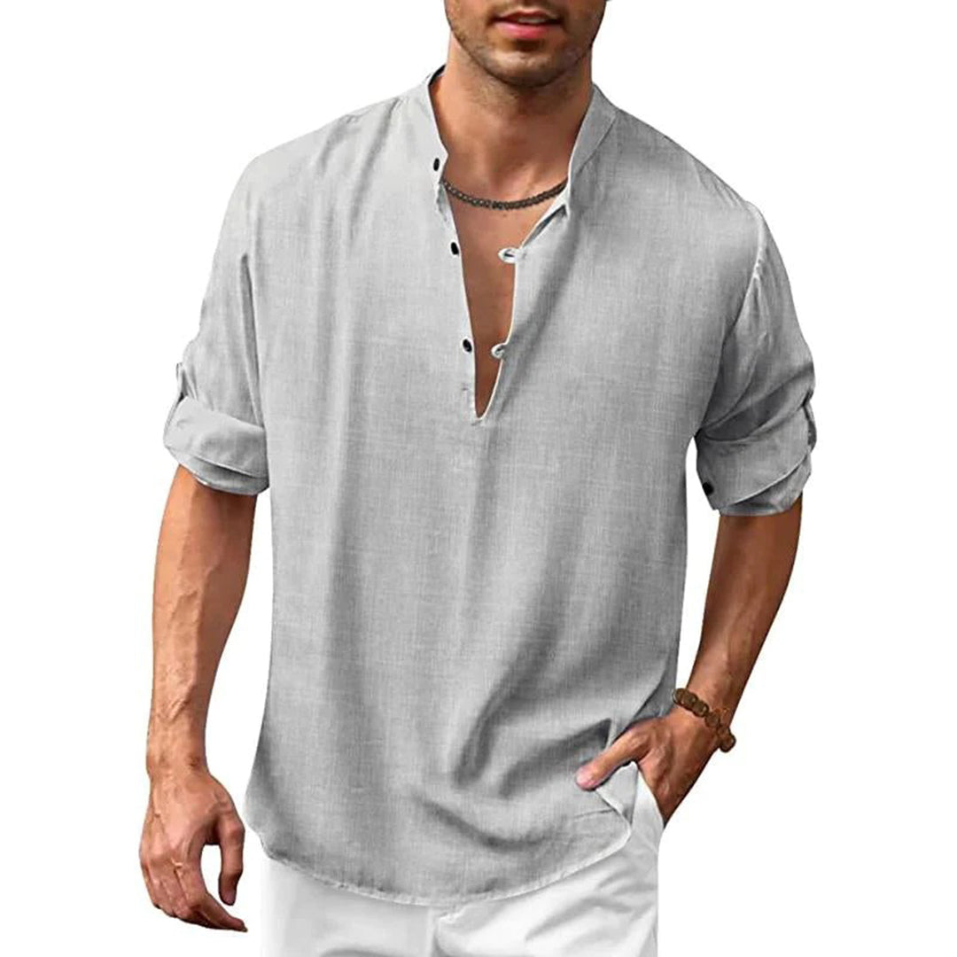 Chemise en lin pour homme avec col montant – Chemise d'été décontractée avec encolure en V et patte de boutonnage