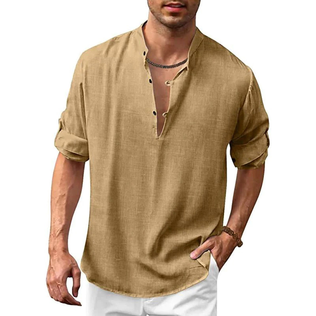 Chemise en lin pour homme avec col montant – Chemise d'été décontractée avec encolure en V et patte de boutonnage