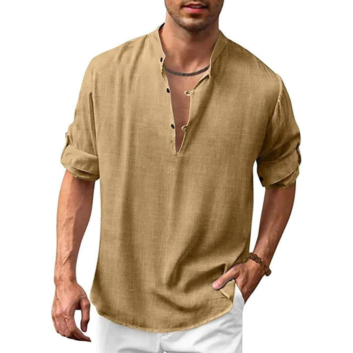 Chemise en lin pour homme avec col montant – Chemise d'été décontractée avec encolure en V et patte de boutonnage
