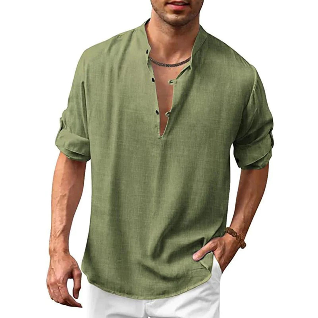 Chemise en lin pour homme avec col montant – Chemise d'été décontractée avec encolure en V et patte de boutonnage