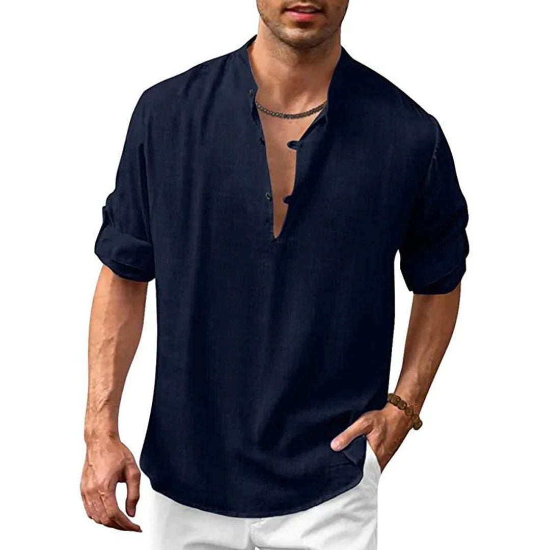 Chemise en lin pour homme avec col montant – Chemise d'été décontractée avec encolure en V et patte de boutonnage