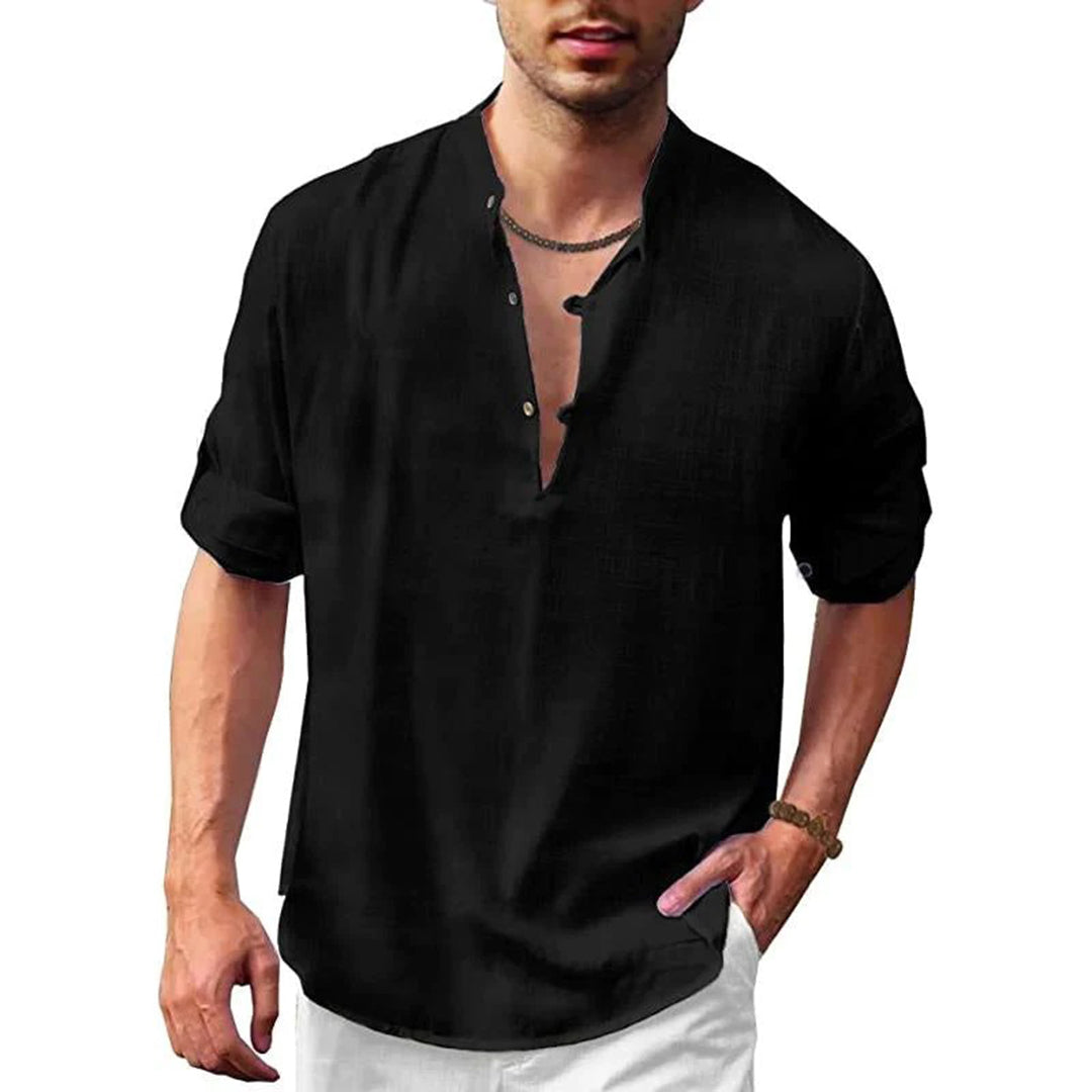 Chemise en lin pour homme avec col montant – Chemise d'été décontractée avec encolure en V et patte de boutonnage