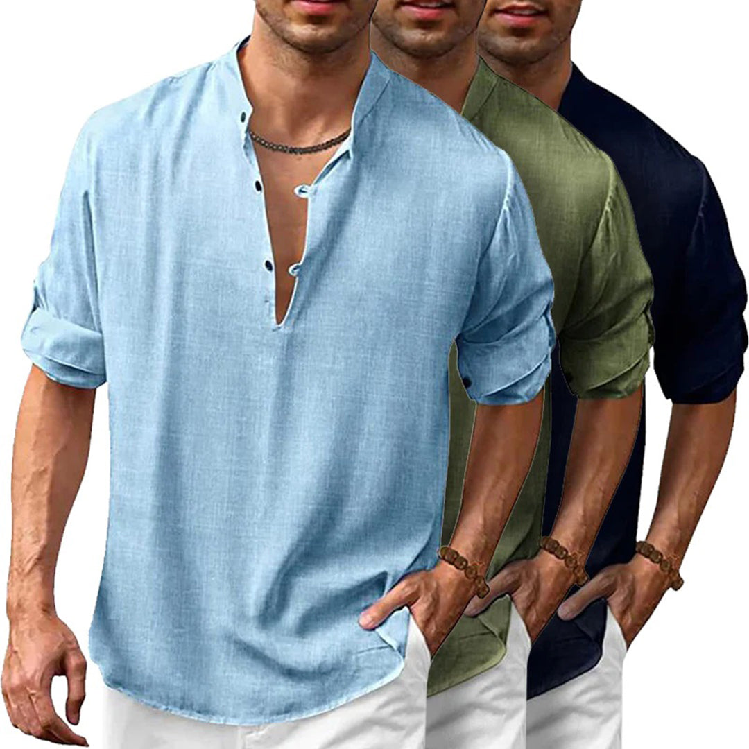 Chemise en lin pour homme avec col montant – Chemise d'été décontractée avec encolure en V et patte de boutonnage