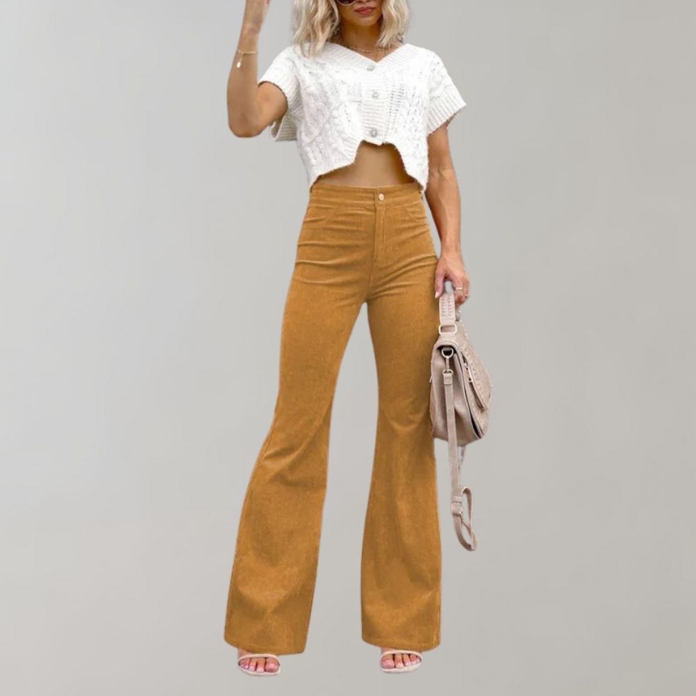 Pantalon pattes d'éléphant pour femmes avec taille haute – Pantalon en velours côtelé rétro style années 70