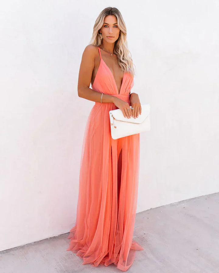 Abito lungo da donna con scollo a V profondo – Abito in tulle arioso con spalline sottili per estate, matrimonio e festa in spiaggia