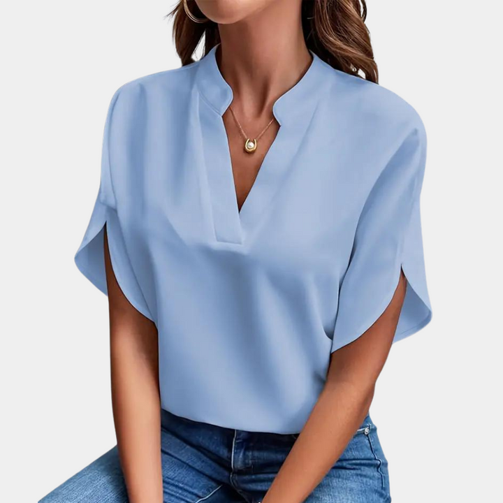 Camicetta da donna con scollo a V – elegante tunica a maniche corte per ufficio e tempo libero