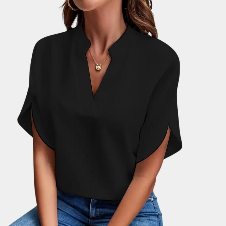 Camicetta da donna con scollo a V – elegante tunica a maniche corte per ufficio e tempo libero