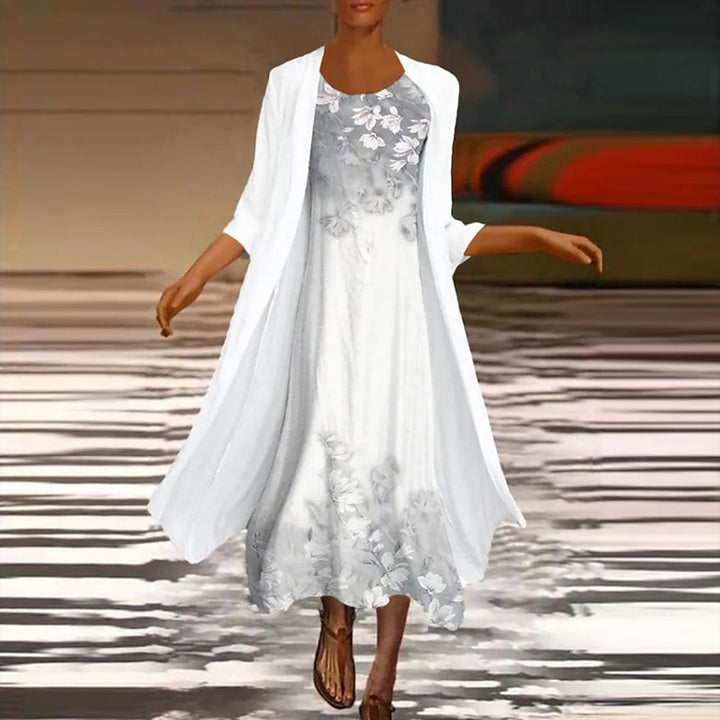 Elegante vestito lungo da donna con stampa floreale e giacca leggera lunga – vestito estivo con design a 2 pezzi per occasioni speciali e uso quotidiano