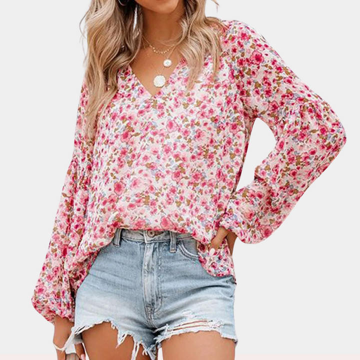 Camicetta da donna con motivo floreale – scollo a V e maniche lunghe – camicetta estiva ampia in stile boho