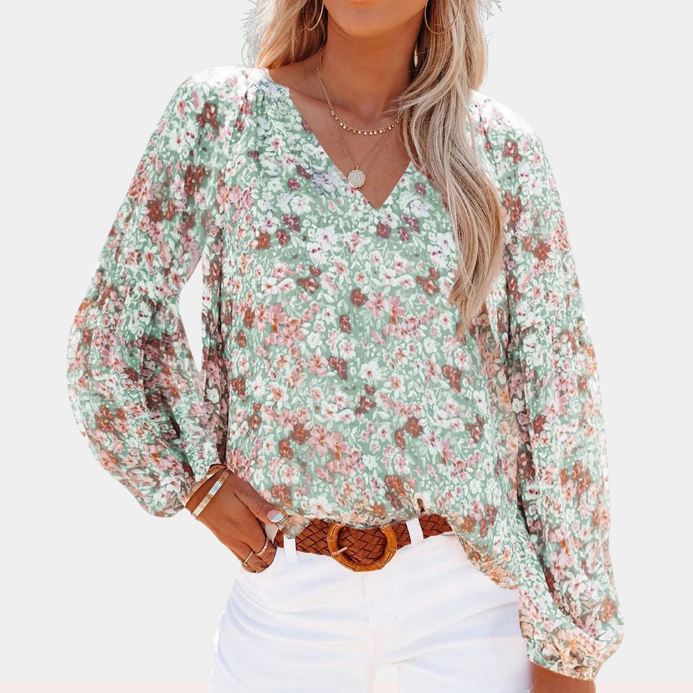 Camicetta da donna con motivo floreale – scollo a V e maniche lunghe – camicetta estiva ampia in stile boho