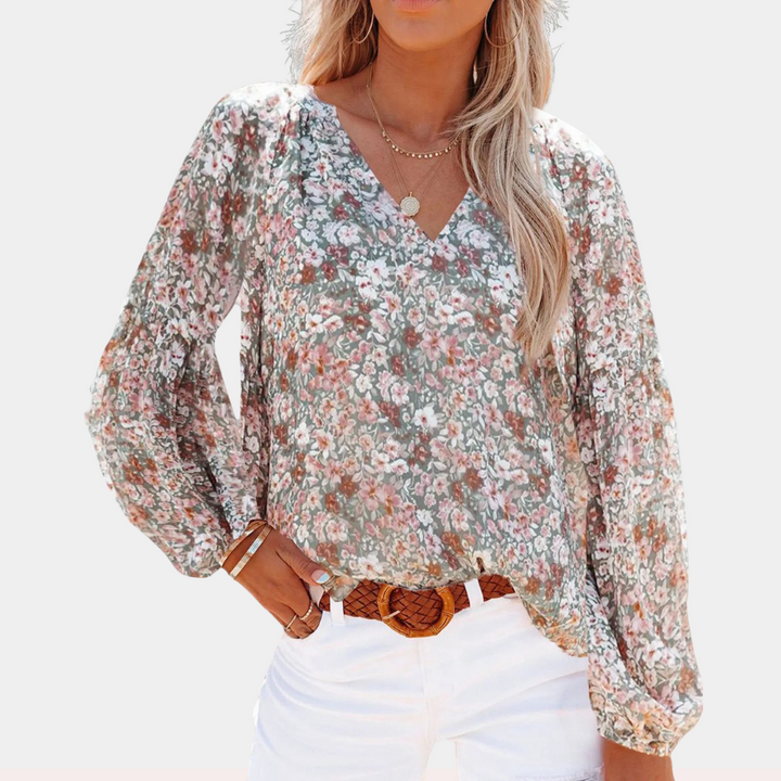 Camicetta da donna con motivo floreale – scollo a V e maniche lunghe – camicetta estiva ampia in stile boho