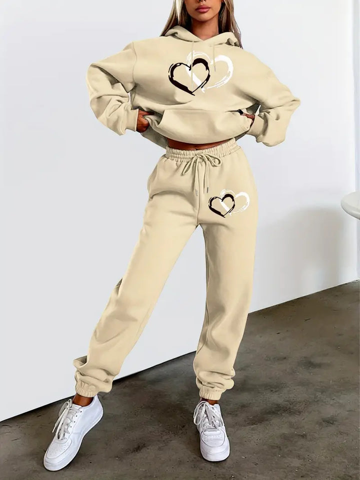Two-piece pants set with double heart print, long sleeves