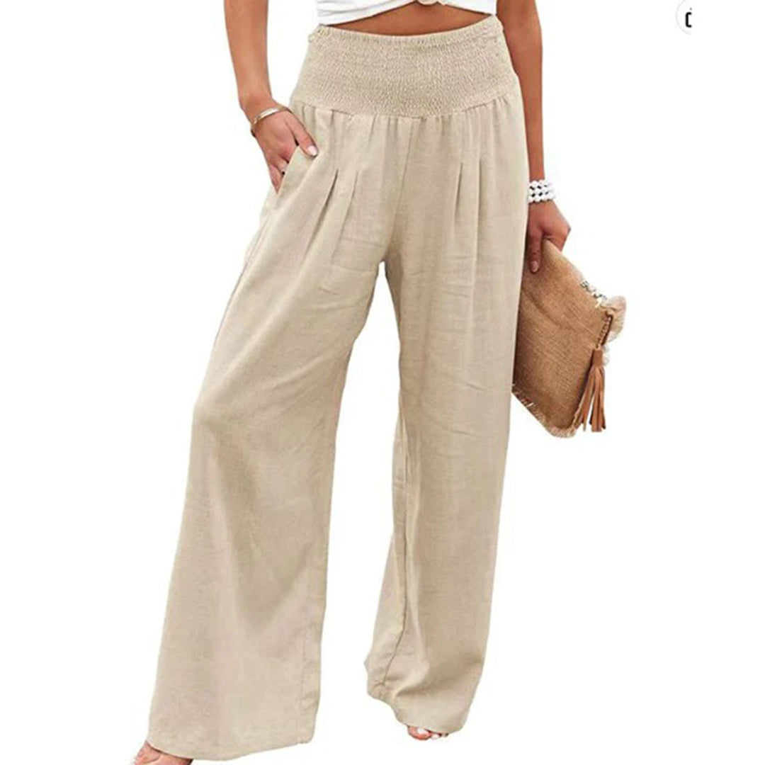 Pantalon d'été large pour femme avec ceinture élastique – Pantalon léger style lin pour vacances & quotidien